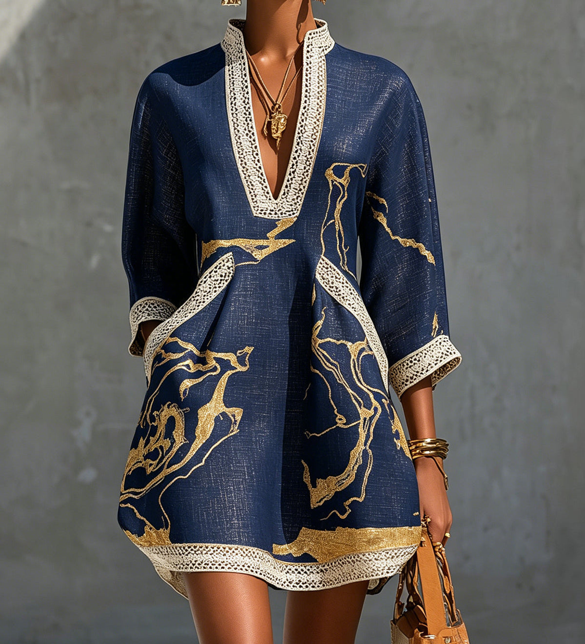 Irmgard – Marineblaues Tunika-Kleid mit Goldprint