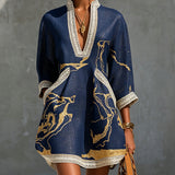 Irmgard – Marineblaues Tunika-Kleid mit Goldprint