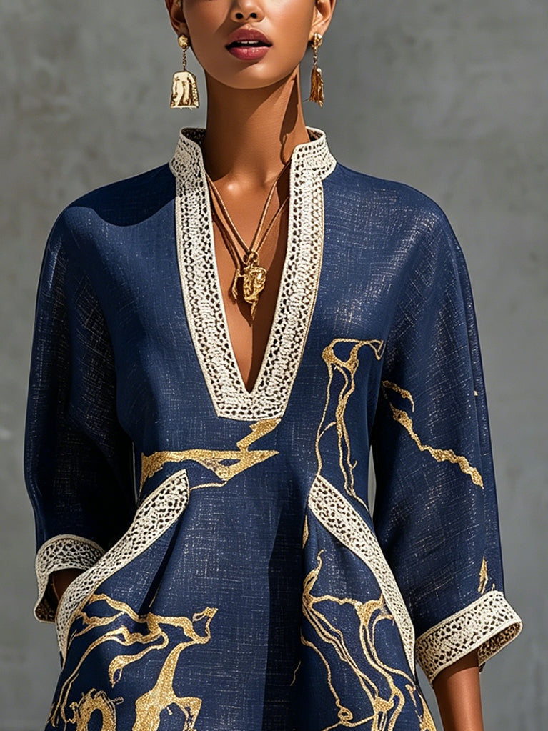 Irmgard – Marineblaues Tunika-Kleid mit Goldprint