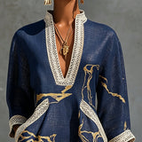 Irmgard – Marineblaues Tunika-Kleid mit Goldprint