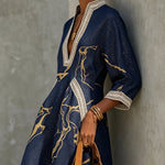 Irmgard – Marineblaues Tunika-Kleid mit Goldprint