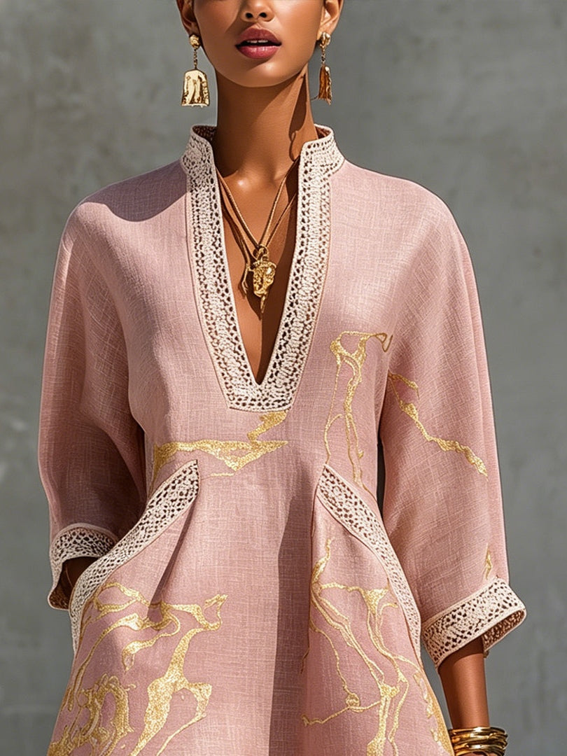 Karola – Rosafarbenes Tunika-Kleid mit Goldprint