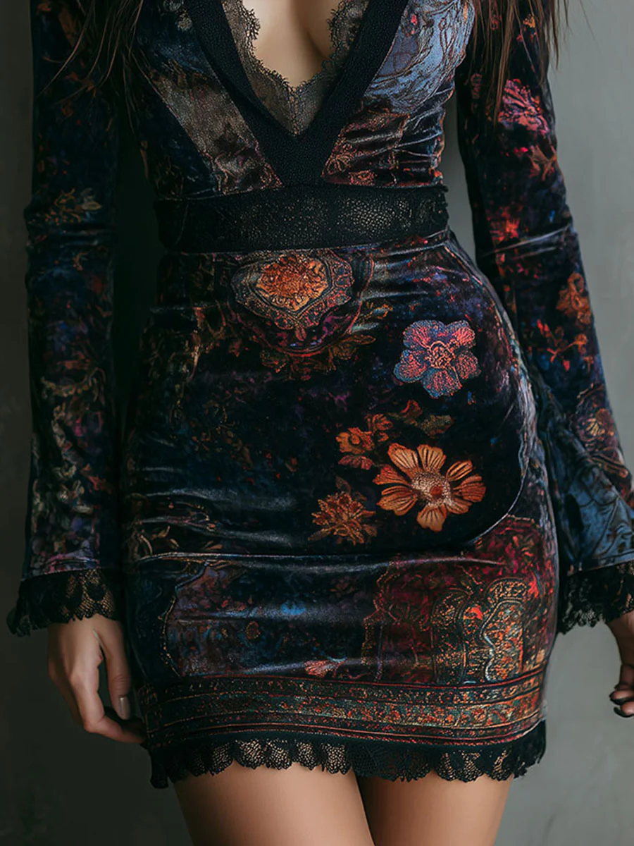 Heidrun – Samtkleid mit floralem Kontrastmuster