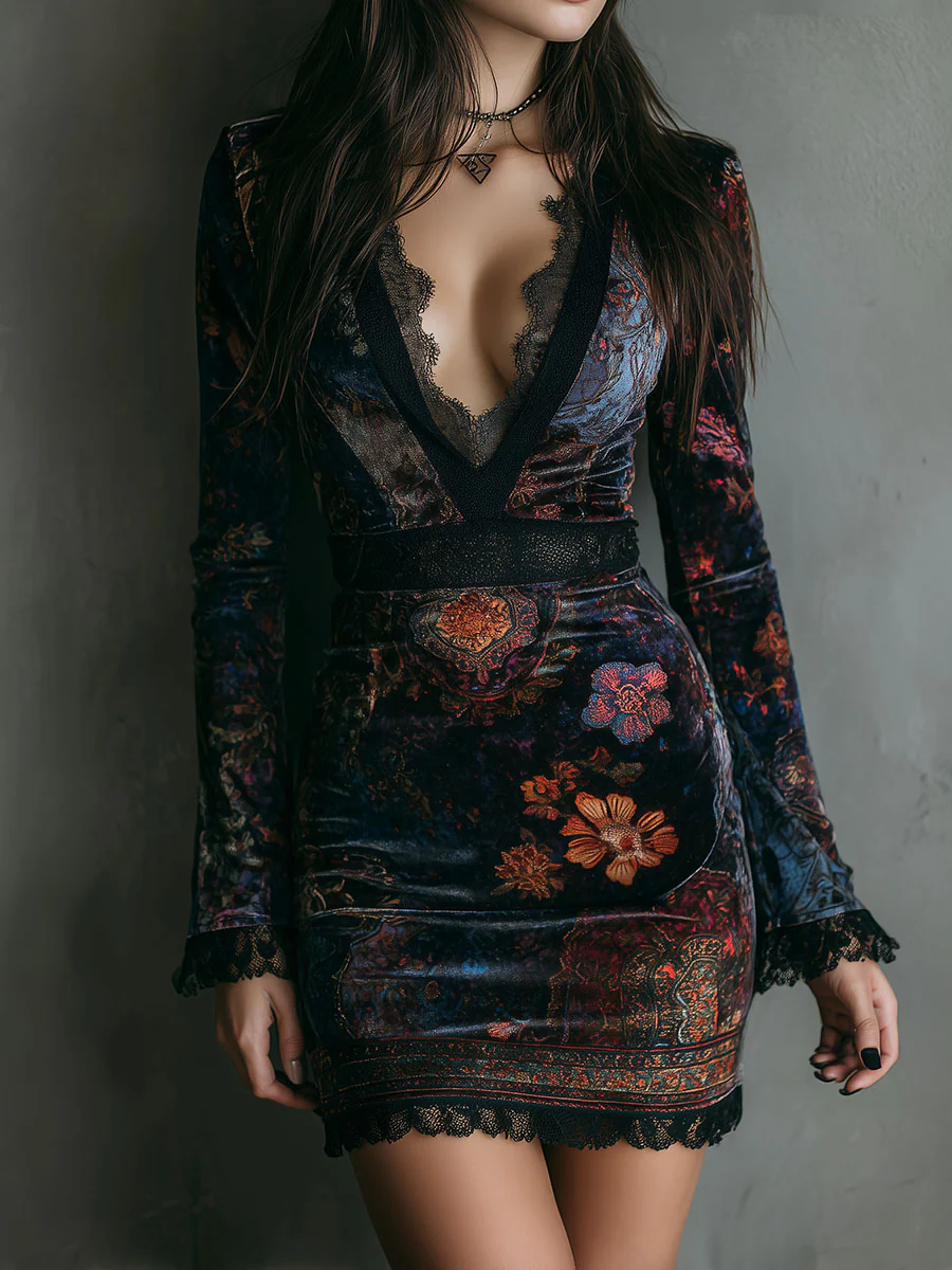 Heidrun – Samtkleid mit floralem Kontrastmuster