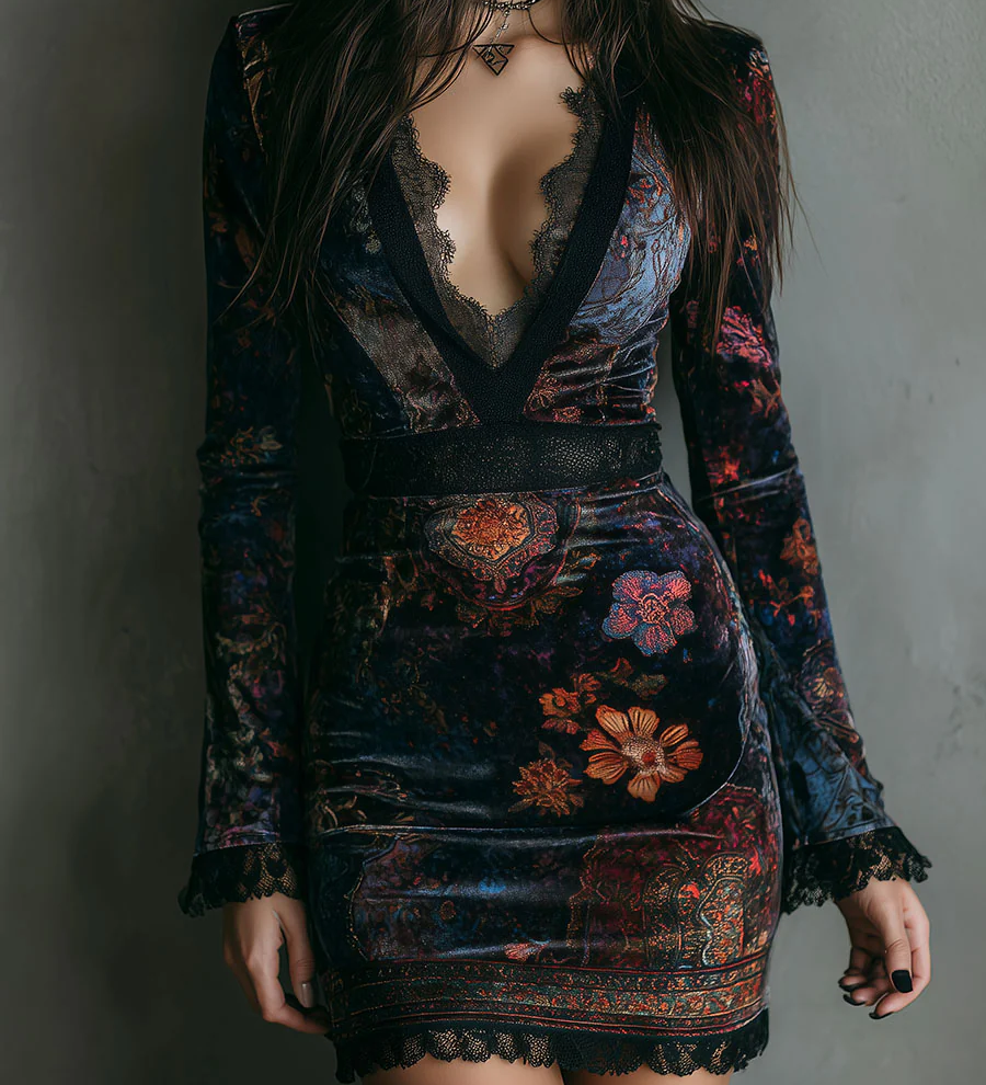Heidrun – Samtkleid mit floralem Kontrastmuster