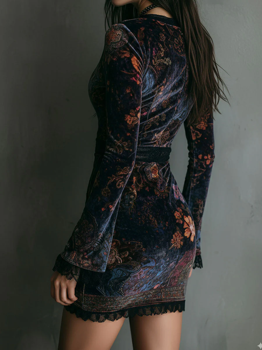 Heidrun – Samtkleid mit floralem Kontrastmuster