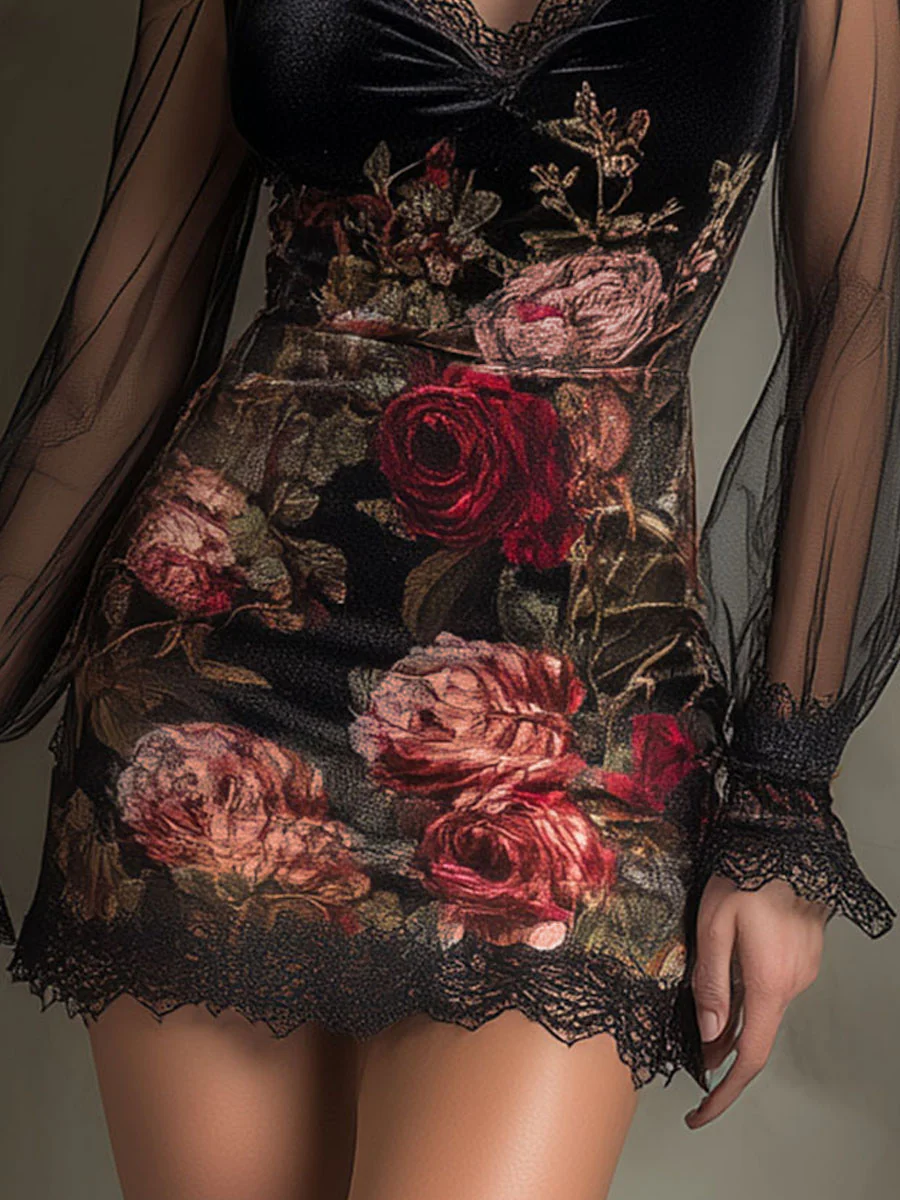 Sonja – Schwarzes Spitzenkleid mit Rosenmuster