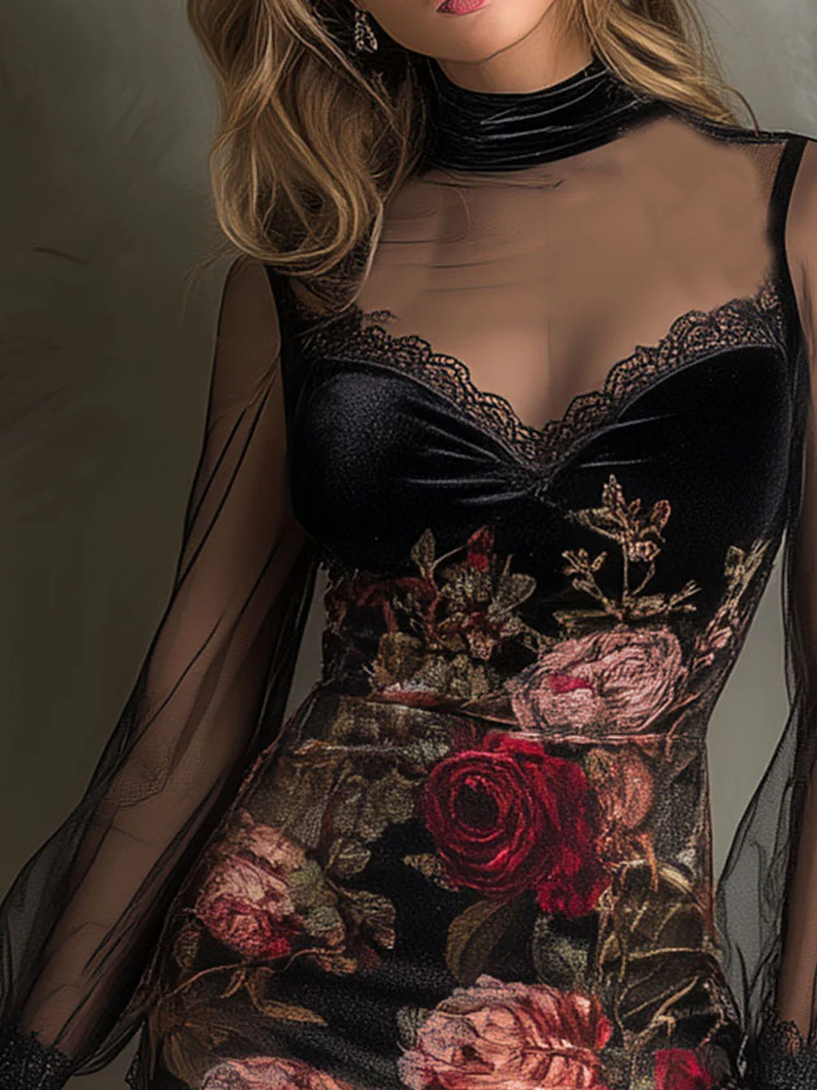 Sonja – Schwarzes Spitzenkleid mit Rosenmuster
