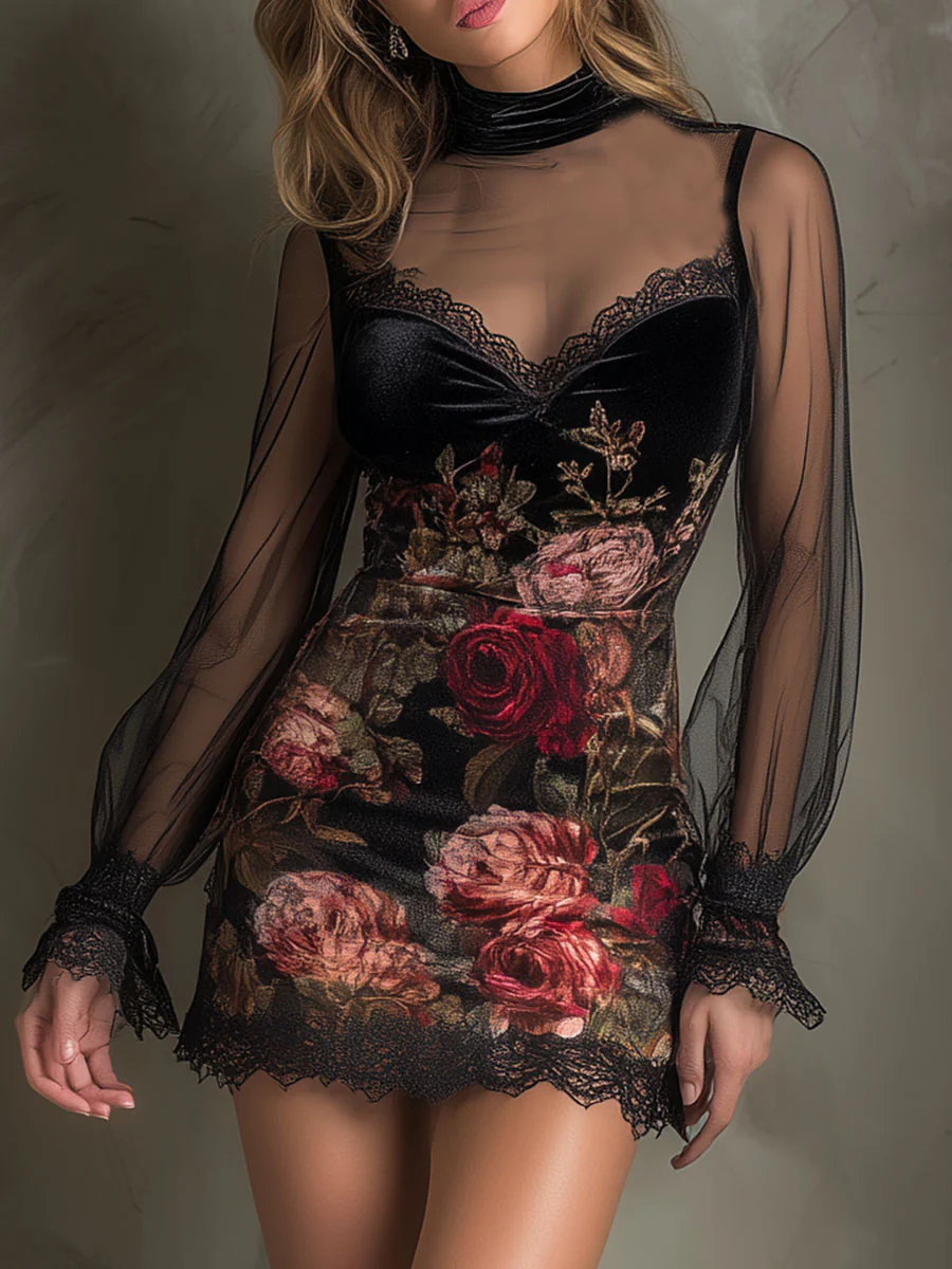 Sonja – Schwarzes Spitzenkleid mit Rosenmuster
