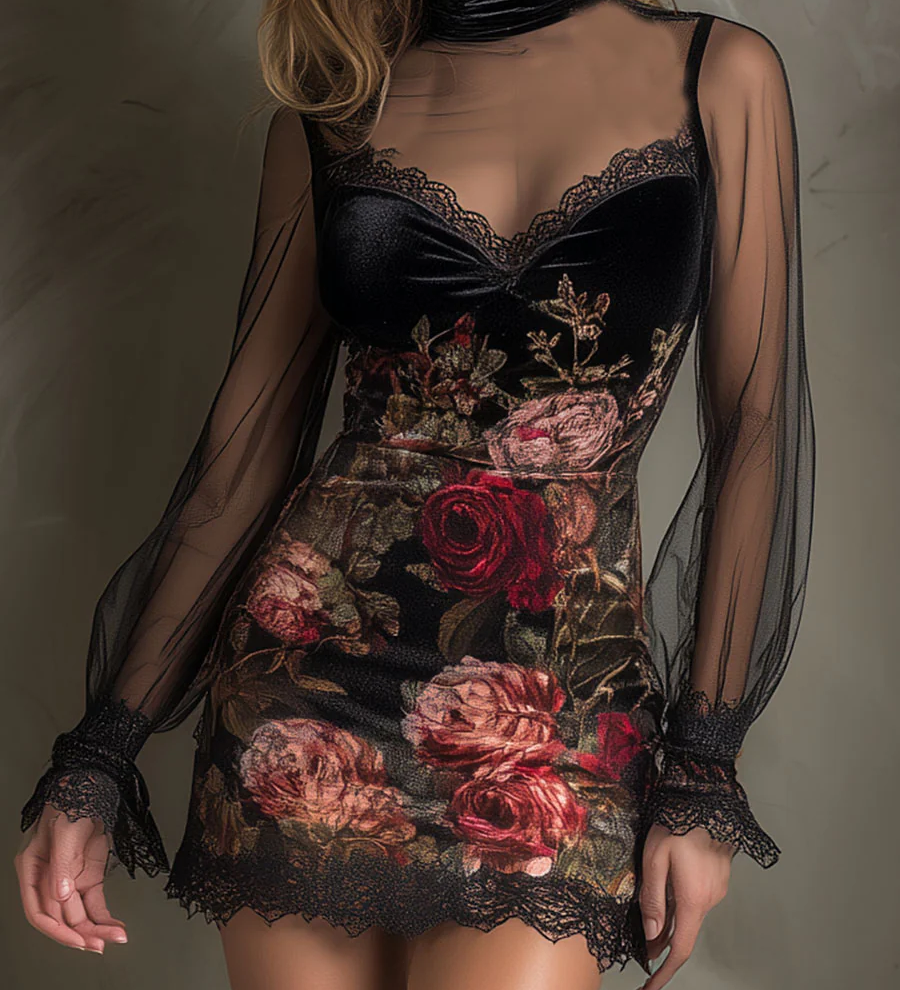 Sonja – Schwarzes Spitzenkleid mit Rosenmuster