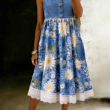 Garance | Denim-Midikleid mit Blumen und Spitze