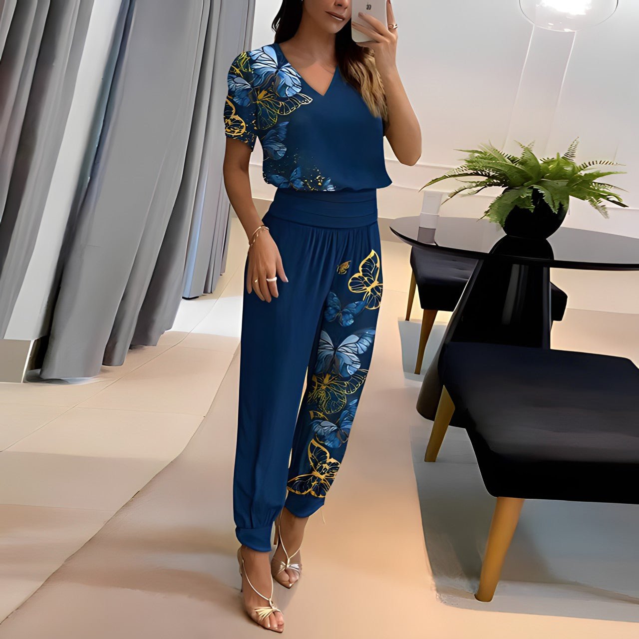 Delphine – Gelbblaues Set mit Musterhose