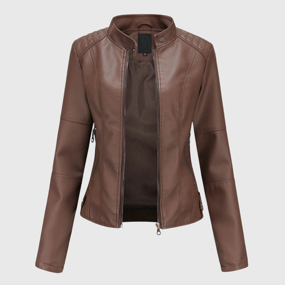 Giorgina – Schwarze Lederjacke mit Stehkragen