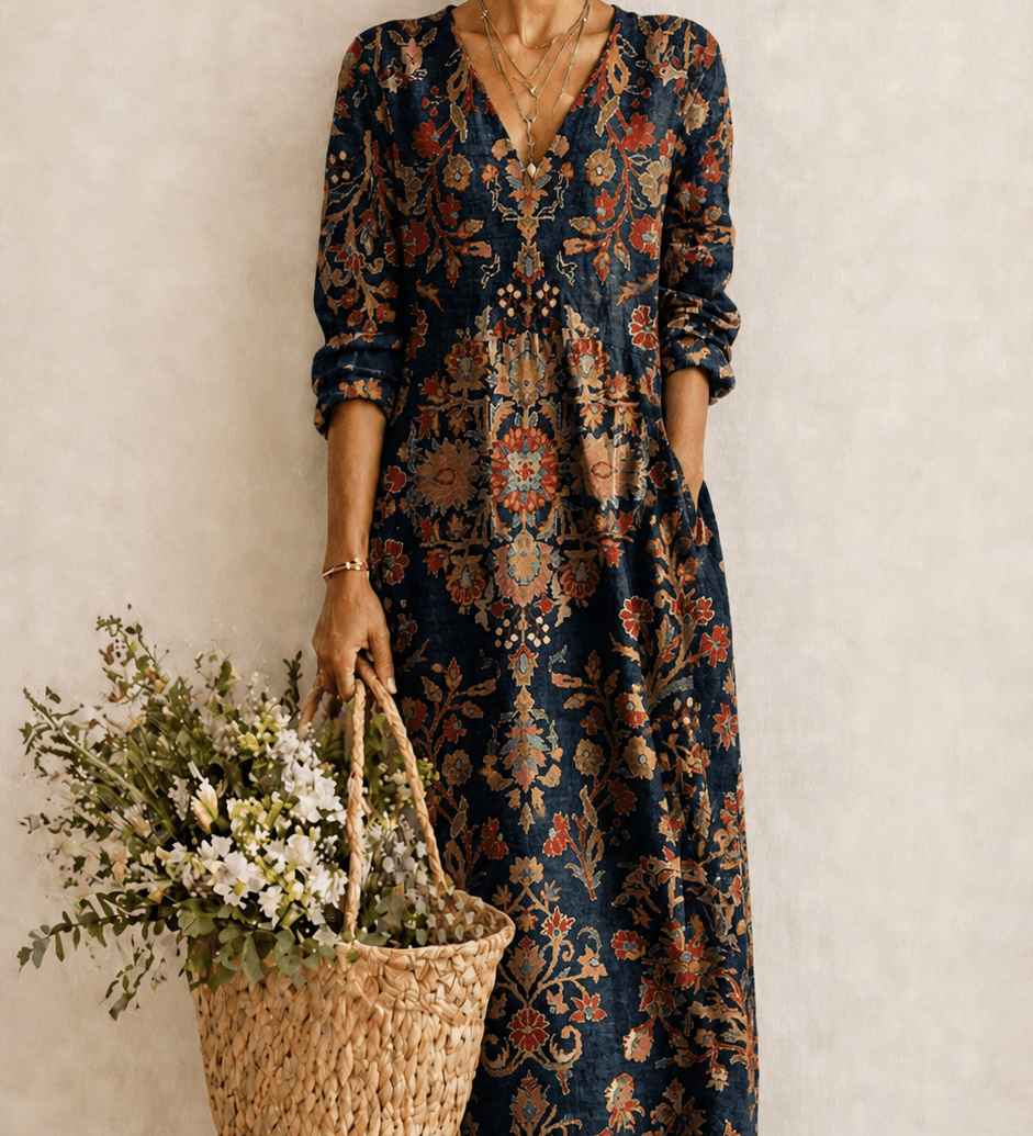 Claudia – Nachtblaues Kleid mit Ornamentprint