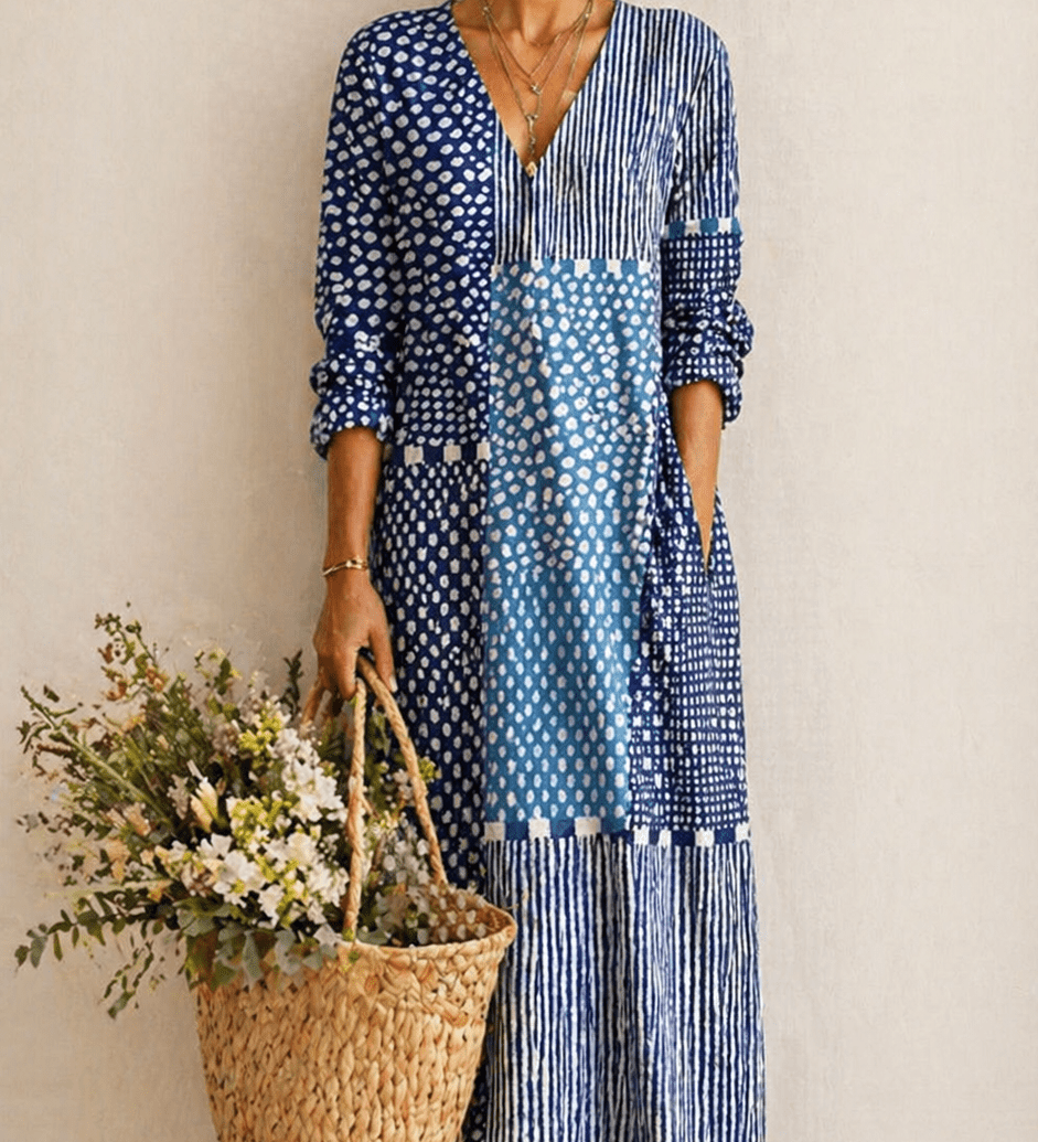 Simone – Blaues Kleid mit Kleinmuster
