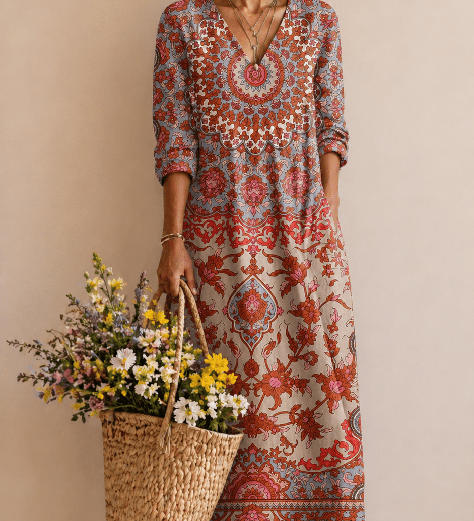 Isabelle – Terrakotta-Kleid mit Ornamentmuster