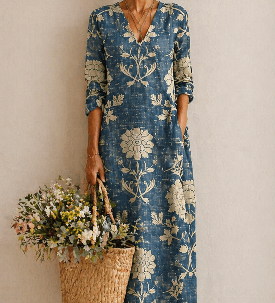 Karin – Blaues Kleid mit Ornamentprint
