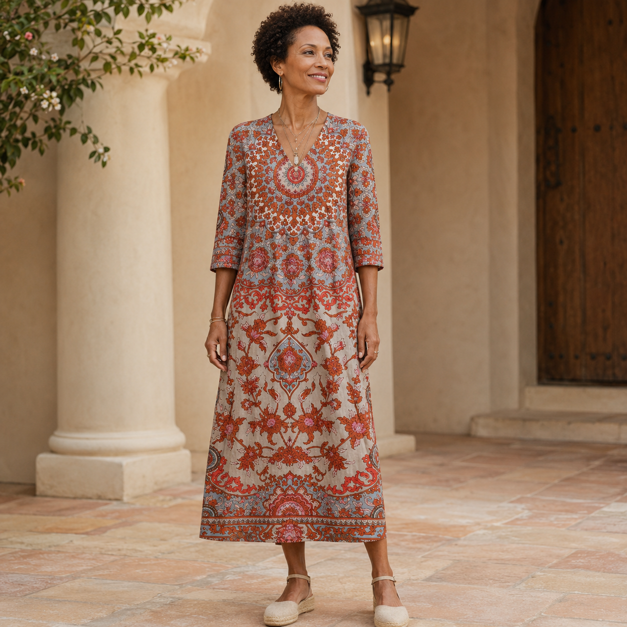 Isabelle – Terrakotta-Kleid mit Ornamentmuster