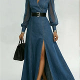 Sina | Denim-Maxikleid mit Patchwork- und Organza-Ärmeln