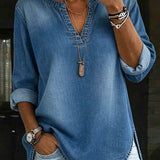 Clémence | Denim-Langarmshirt mit V-Ausschnitt