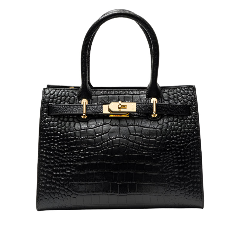 Lorène – Schwarze Handtasche mit Krokodilprägung