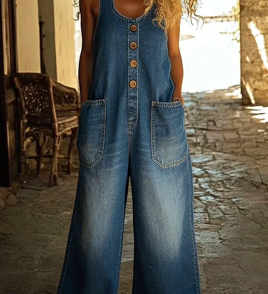 Ruth – Weiter Denim-Jumpsuit mit Holzknöpfen